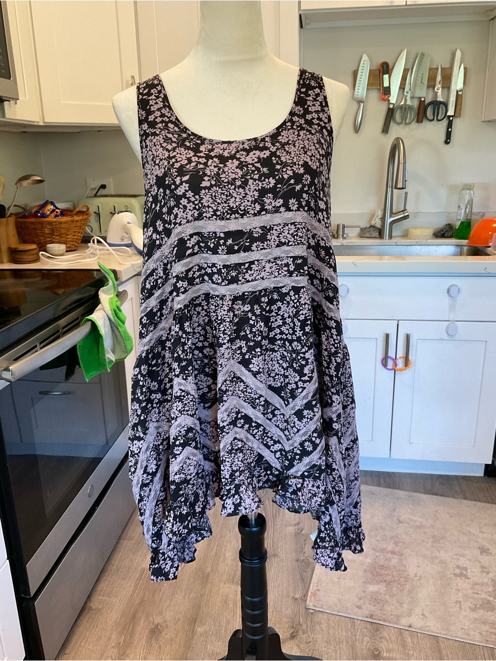 Free People Black and Light Purple Floral Mini Tank Dress Size Large Boho